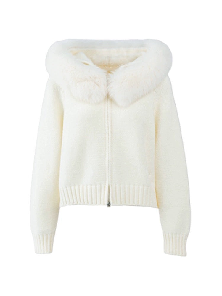 Weißer Zip-Hoodie mit Faux-Fur-Kapuze 🐇